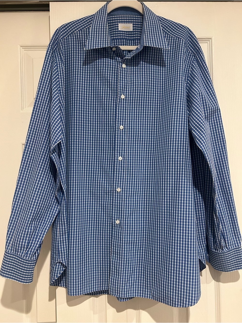 Brioni Designer Blue Checkered Long-Sleeve Men's Dress Shirt Size 44, 17.5 Neck